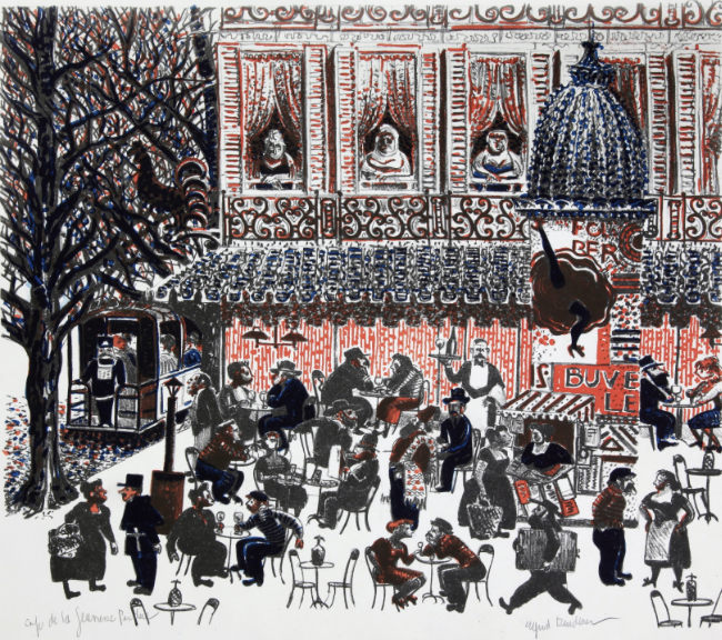 A detailed illustration depicts a lively outdoor café in front of a multi-story building with red curtains in the windows, where numerous people sit, talk, and walk beneath a large leafless tree.