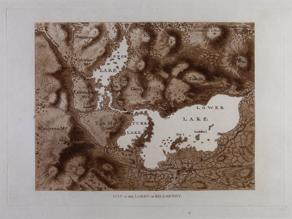 Jonathan Fisher, Map of the Lakes of Killarney, 1789, aquatint on paper, 26 x 36 cm.