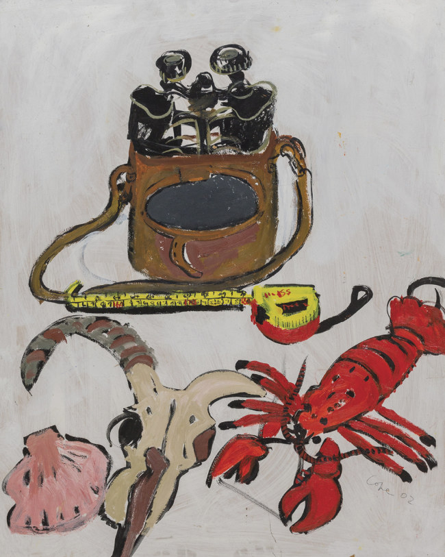 Still life painting with skull, lobster, shell and binoculars