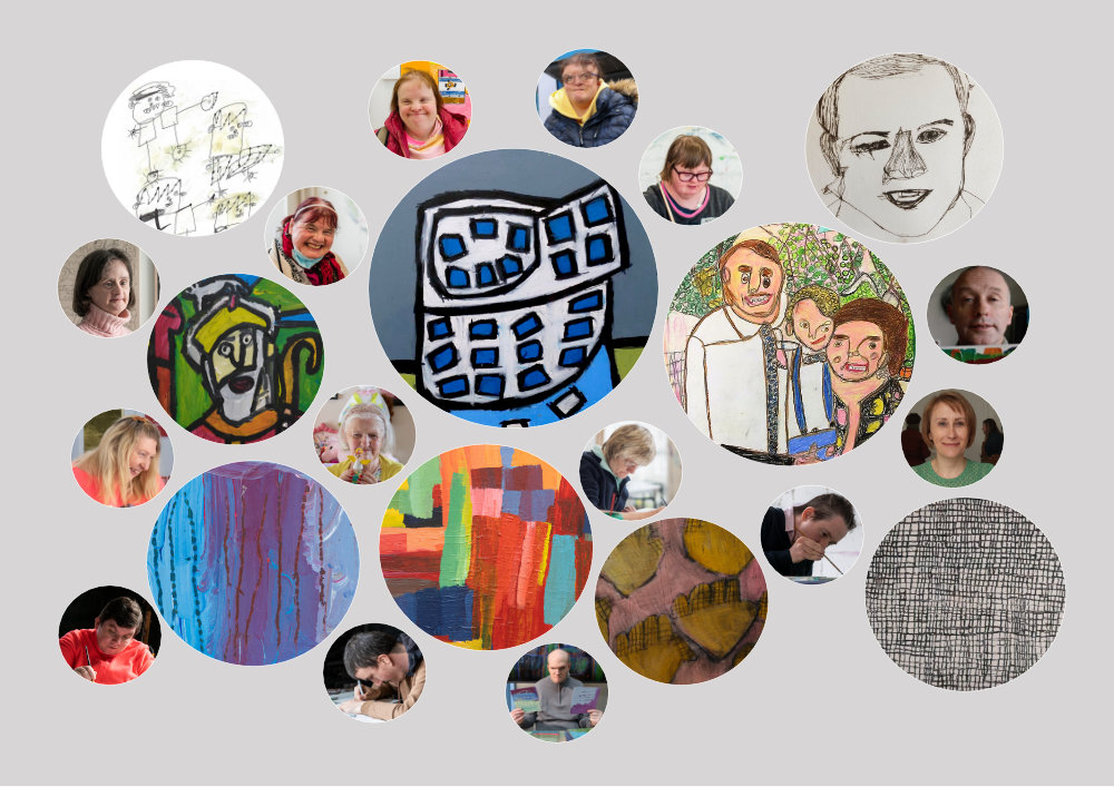 A poster of circular images of artists and artworks