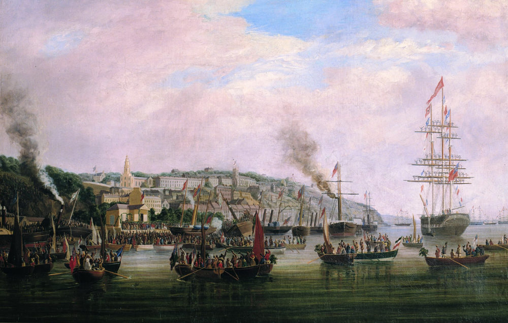A painting showing a number of ships in a harbour.
