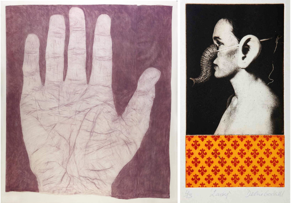 L. Kathy Prendergast, Hand, chalk pastel on paper © the artist.   
R. Debbie Godsell, Lady, 2002, photo intaglio on paper © the artist.