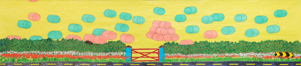 Colourful landscape with hay bales.