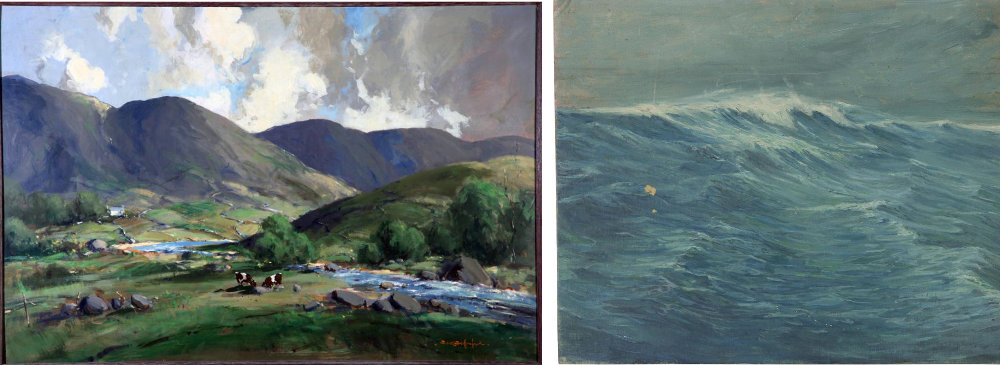 L. George K Gillespie, Owenmore River and Mayo Hills, oil on board, © the artist. 
R. Raymond Kelleher, Seascape, acrylic on board © the artist.