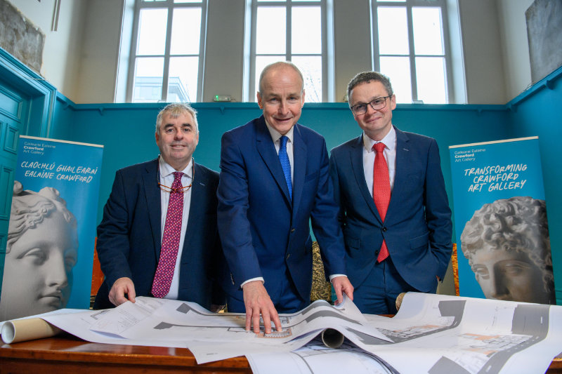 REPRO FREE Minister of State Kevin 'Boxer' Moran, Taoiseach Micheál Martin and Minister Patrick O'Donovan pictured at at the launch of the Crawford Art Gallery Redevelopment Project, Cork city. Pic Daragh Mc Sweeney/Provision