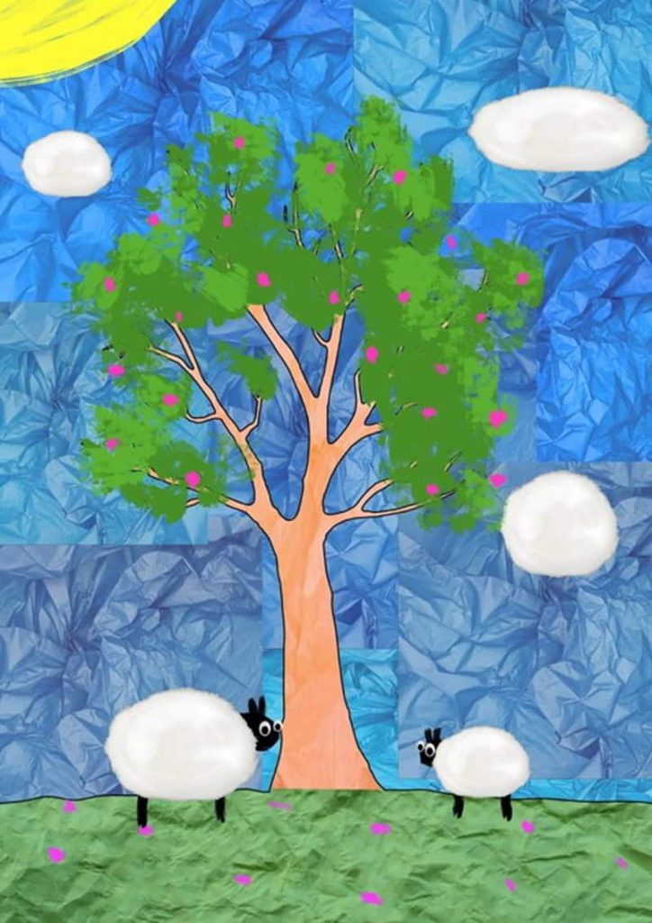 Tree with clouds and sheep.