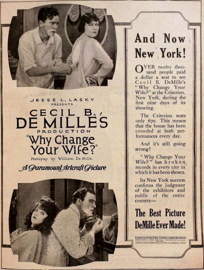 Advertisement for the film Why Change Your Wife? (1920)